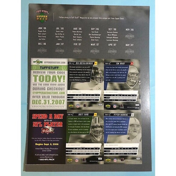 2006 Upper Deck Tuff Stuff Tom Brady,Favre,Peyton Manning 4 card uncut sheet #4 - Picture 2 of 2